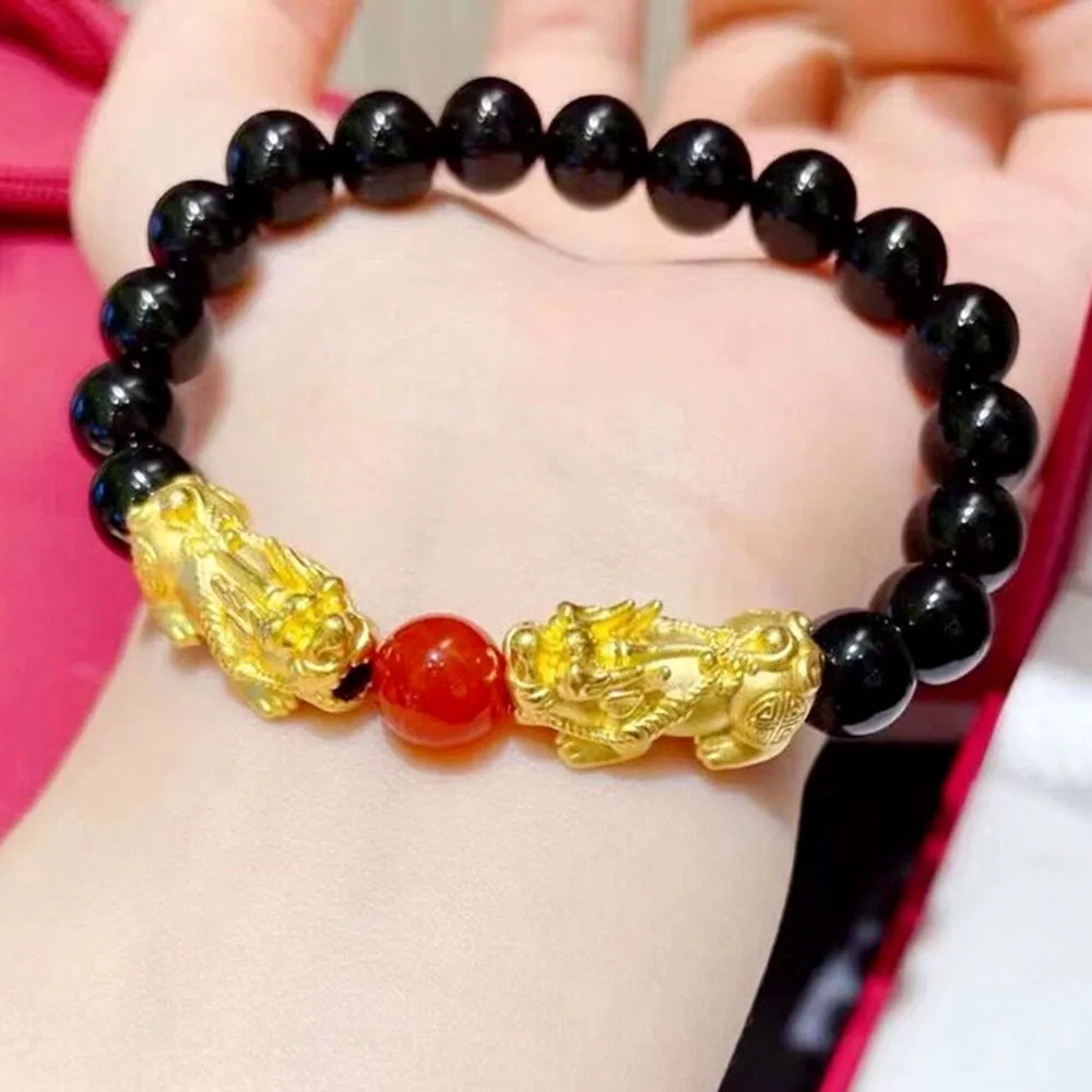 Настоящее желтое золото 24 карата 3D Pixiu с черными агатовыми бусинами мощностью 8 мм