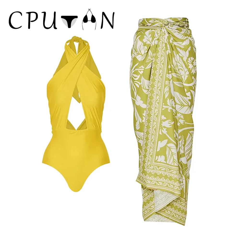 CPUTAN 2025 цельный купальник с лямкой на шее и накидкой роскошный женский монокини