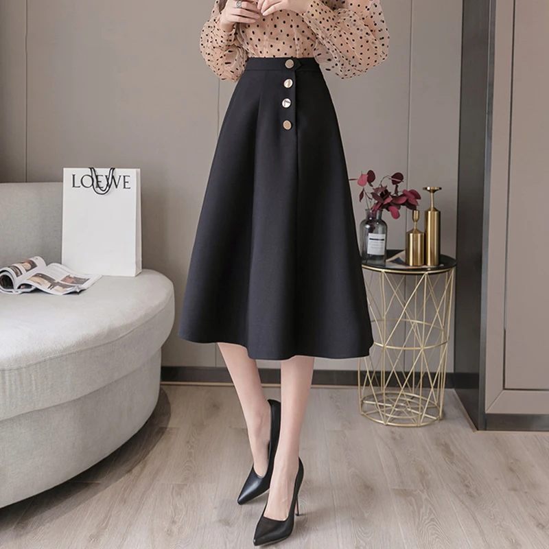 

Women Skirt Buttons Elegant Korean Casual Solid Color High Street Skirts Woman Spring Summer Saias Mujer Faldas