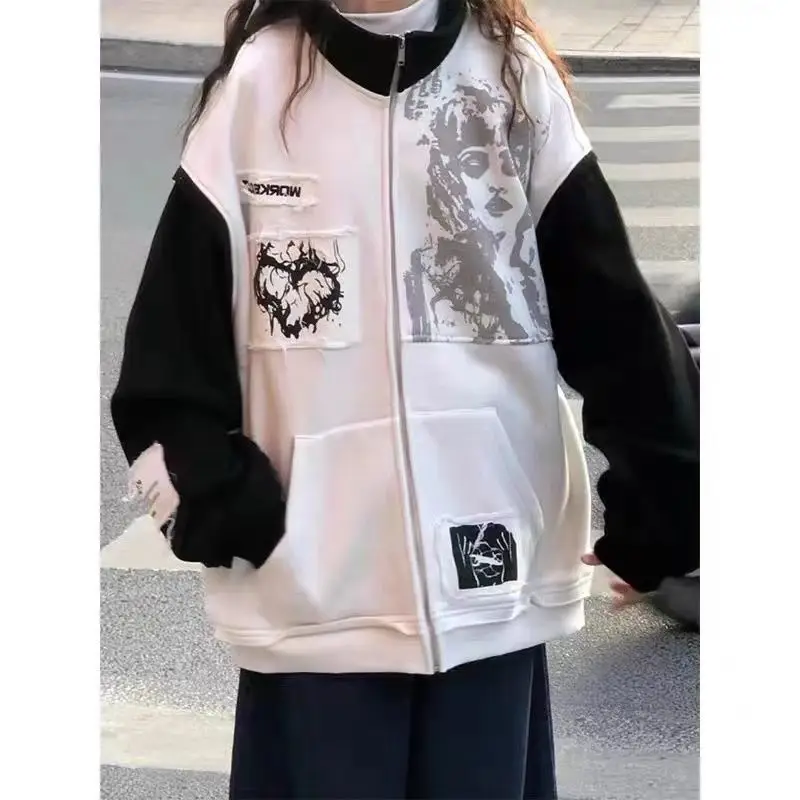 

Contrast color patch coat women's early spring and autumn plus velvet design niche cardigan sweater baseball clothing trend y2k