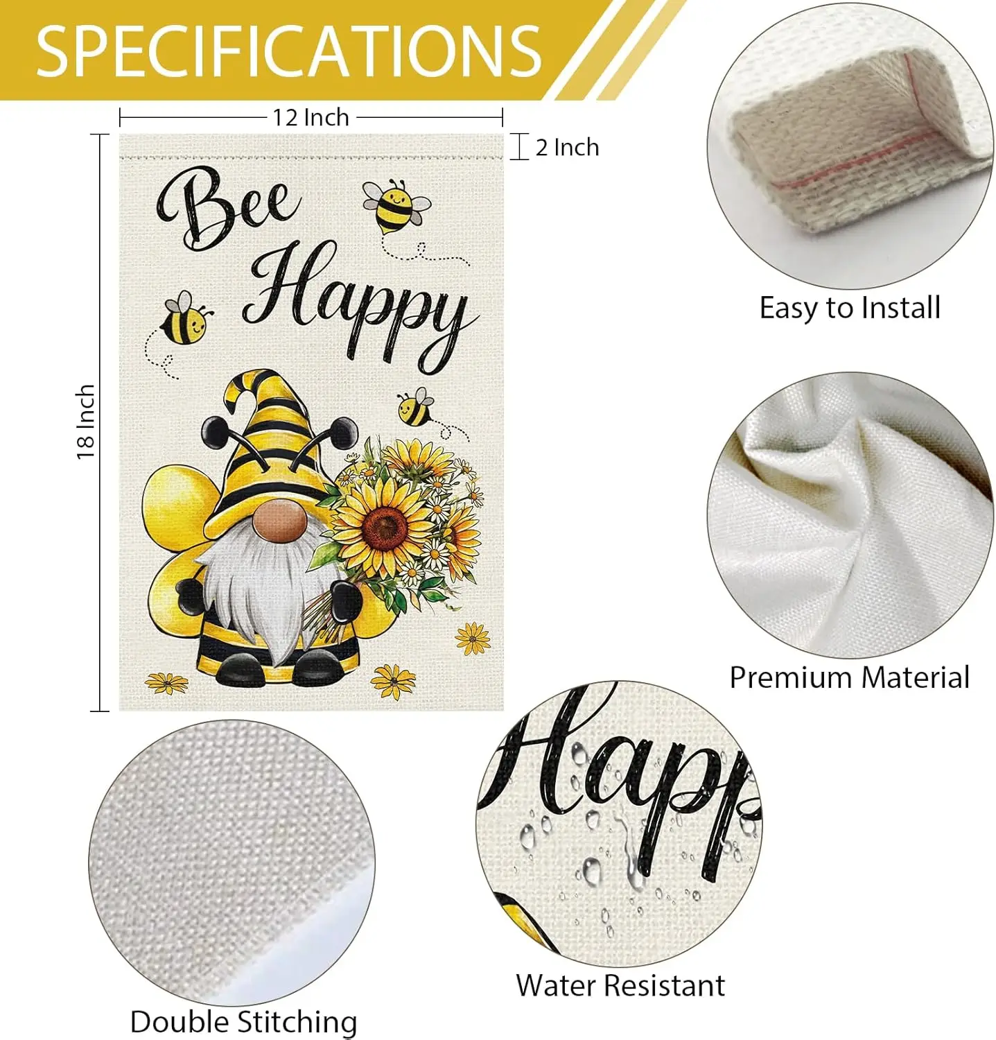 Фото Флаг для сада Heyfibro Bee Happy Gnome 12x18, двусторонний, из мешковины, с изображением гнома в костюме пчелы и подсолнухов, для весны и лета, для двора №3