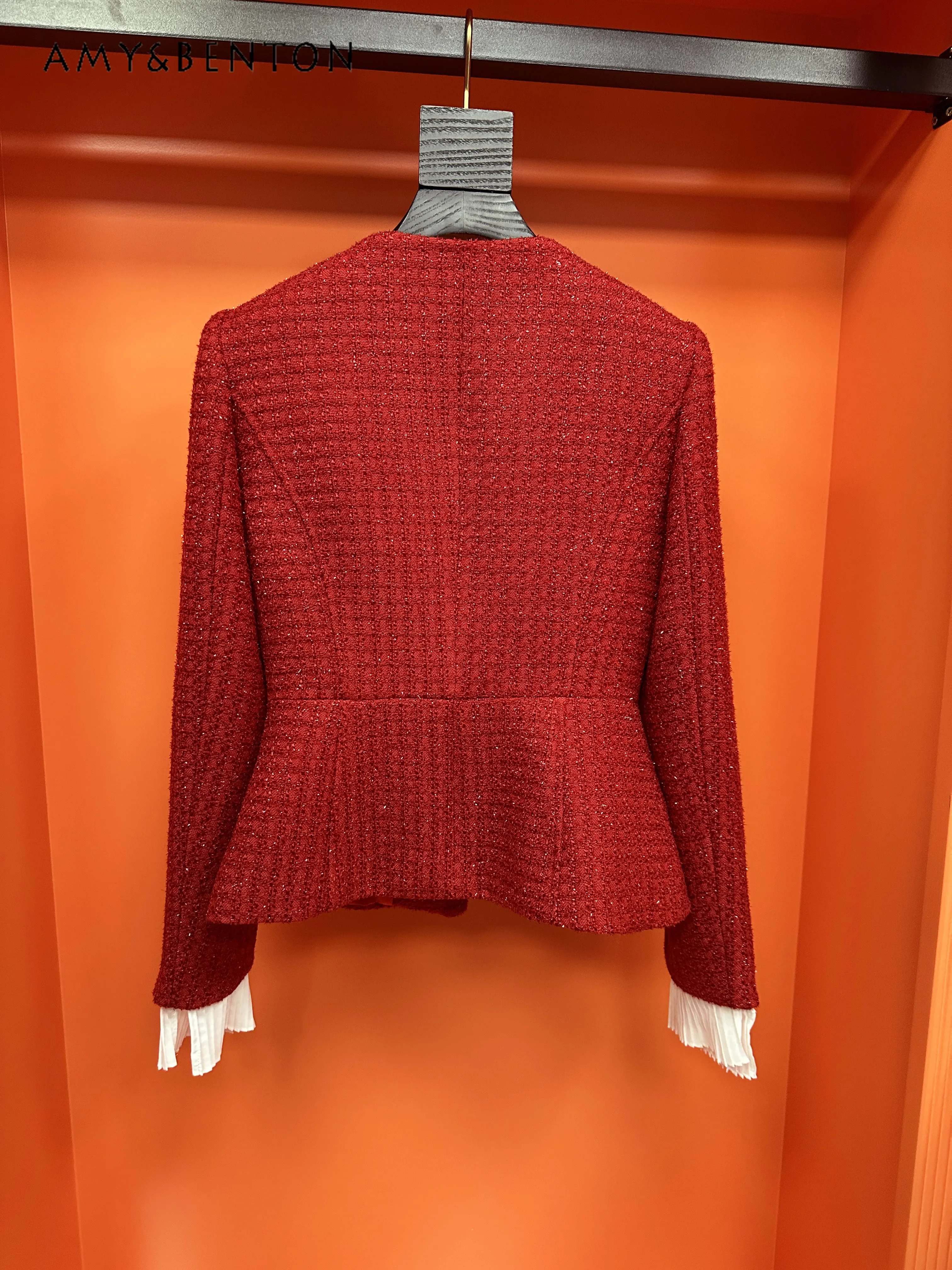 Осень-зима изящный светский красный твидовый комплект из двух предметов офисная