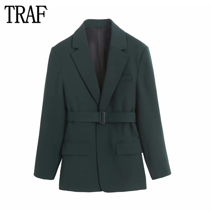 

TRAF Green Straight Blazer Woman Belt Long Blazer Women Masculine Button Jacket Women Long Sleeve Blazers for Women Coats 2023