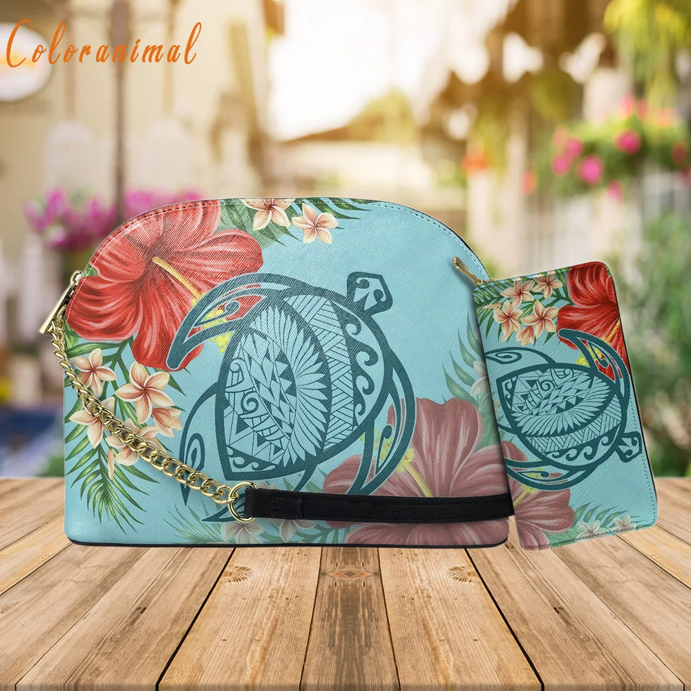 Brand Luxury Hawaii Turtle Hibiscus Plumeria Printing Crossbody Bag for Women Small PU Leather Shoulder Bag 2Pcs Handbag Set Hot
