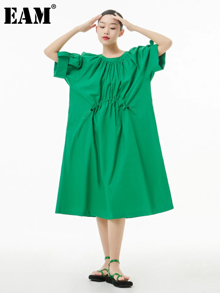

[EAM] женское зеленое Плиссированное длинное Повседневное платье большого размера, новое Свободное платье с круглым вырезом и коротким рукав...