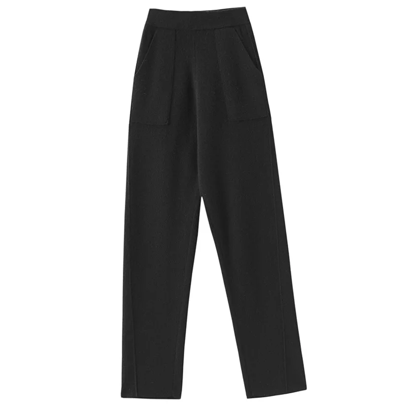 

100% Wool Cashmere Knitted Women's Pants Casual Pair with High Waist Single Color Lace Pockets Simple Cashmere Pants