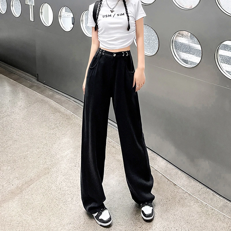 Jeans Women's Pants Black High Street Summer 9-point Pants Versatile Loose Wide Leg Pants Versatile Adjustable Draping