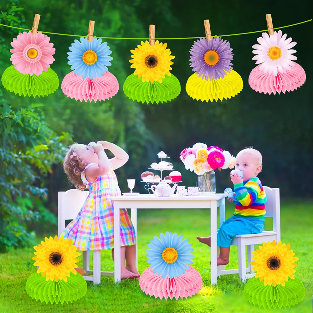 

9pcs Cartoon Spring Camping Flowers Daisy Wedding Birthday Party Paper Honeycomb Crafts Baby Shower Party Backdrops Decorations
