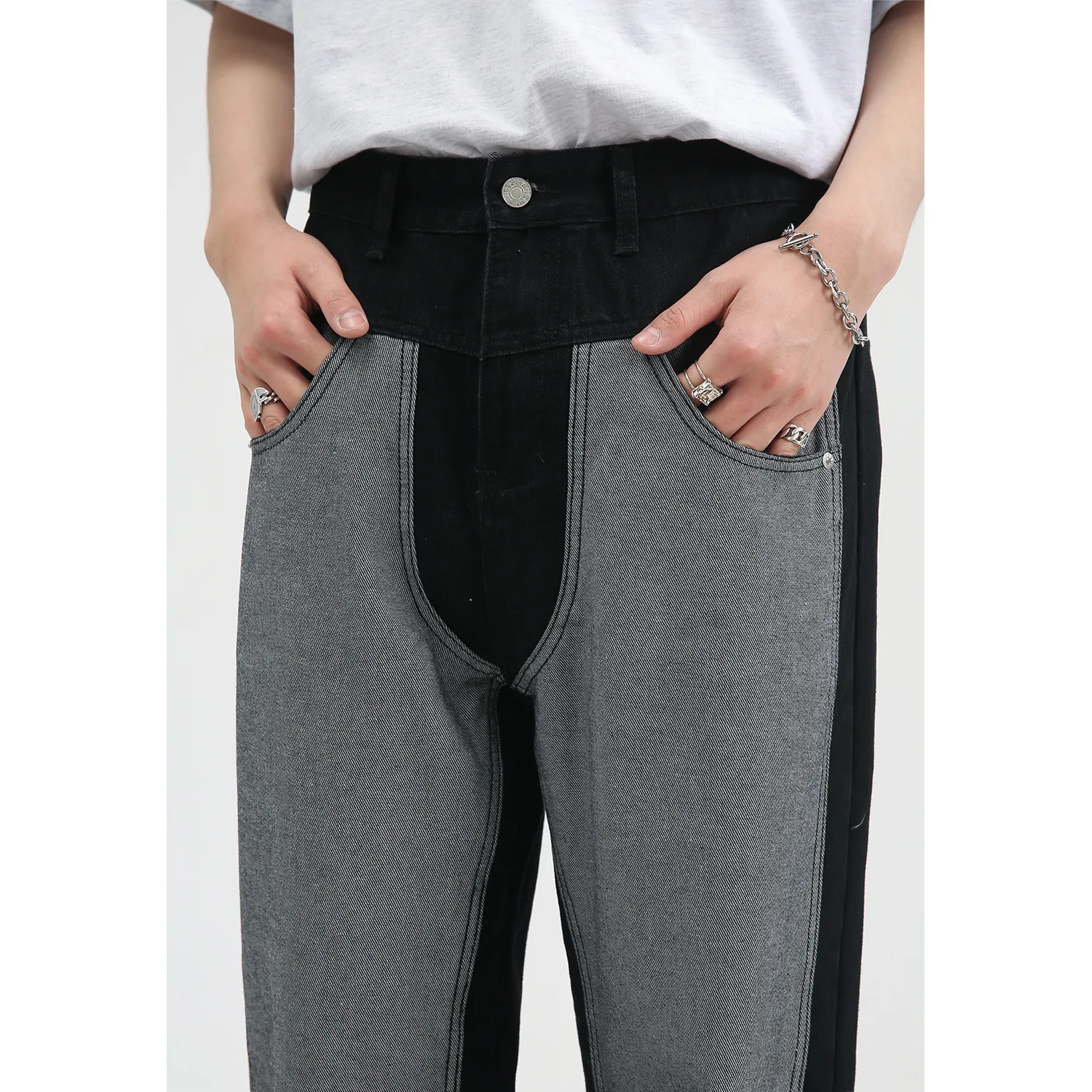 Four Seasons Men's Trousers Loose Trend Stitching Men's Straight Loose Jeans Hip Hop Style Street Jeans INS Hot Street Style