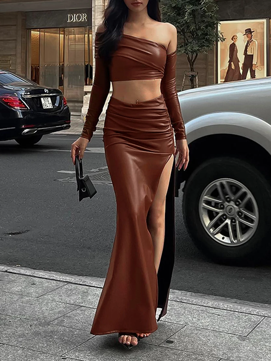 

Elegant Chic PU Leather Skirt 2 Piece Set Off Shoulder Long Sleeve Crop Top And Ruched Split Maxi Bodycon Skirt Women Streetwear