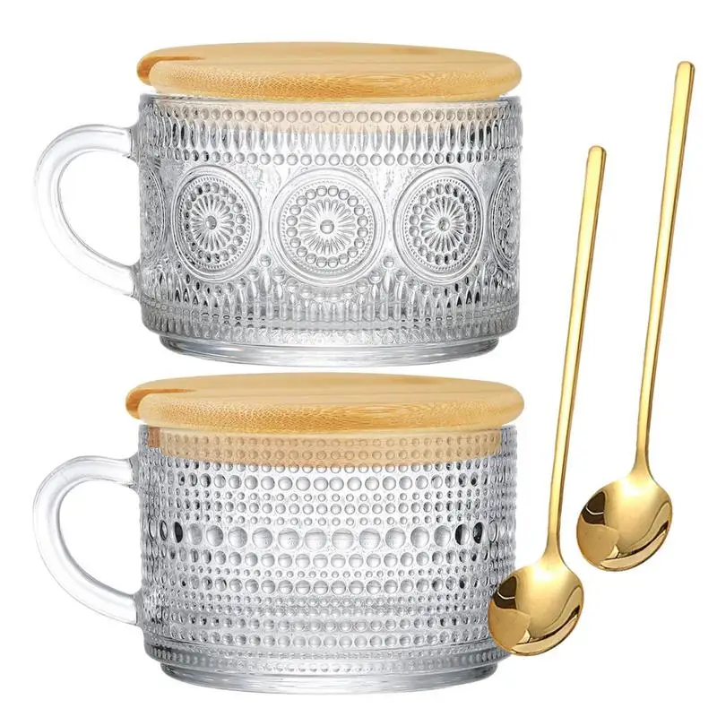 

Clear Coffee Mug Embossed Vintage Glass Cups With Spoons Drinking For Latte Cappuccino Espresso Household Glassware For Kitchen