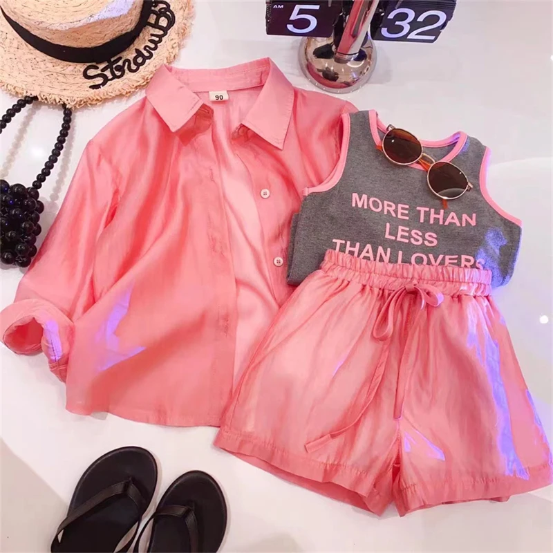 

Girls Cute Pink Clothes Sets Summer There Piece Suit Kids Sun Protection Clothing Vest Shorts Outfit Children 2-8 Years Comstume