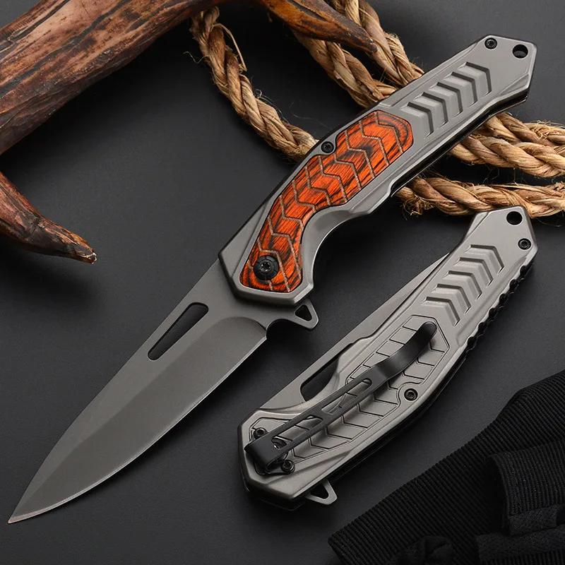 

3cr13Mov Stainless Steel Wood Carved Steel Handle with Gray Titanium Plated Folding Knife Camping Tactical Blade Hunting Knife