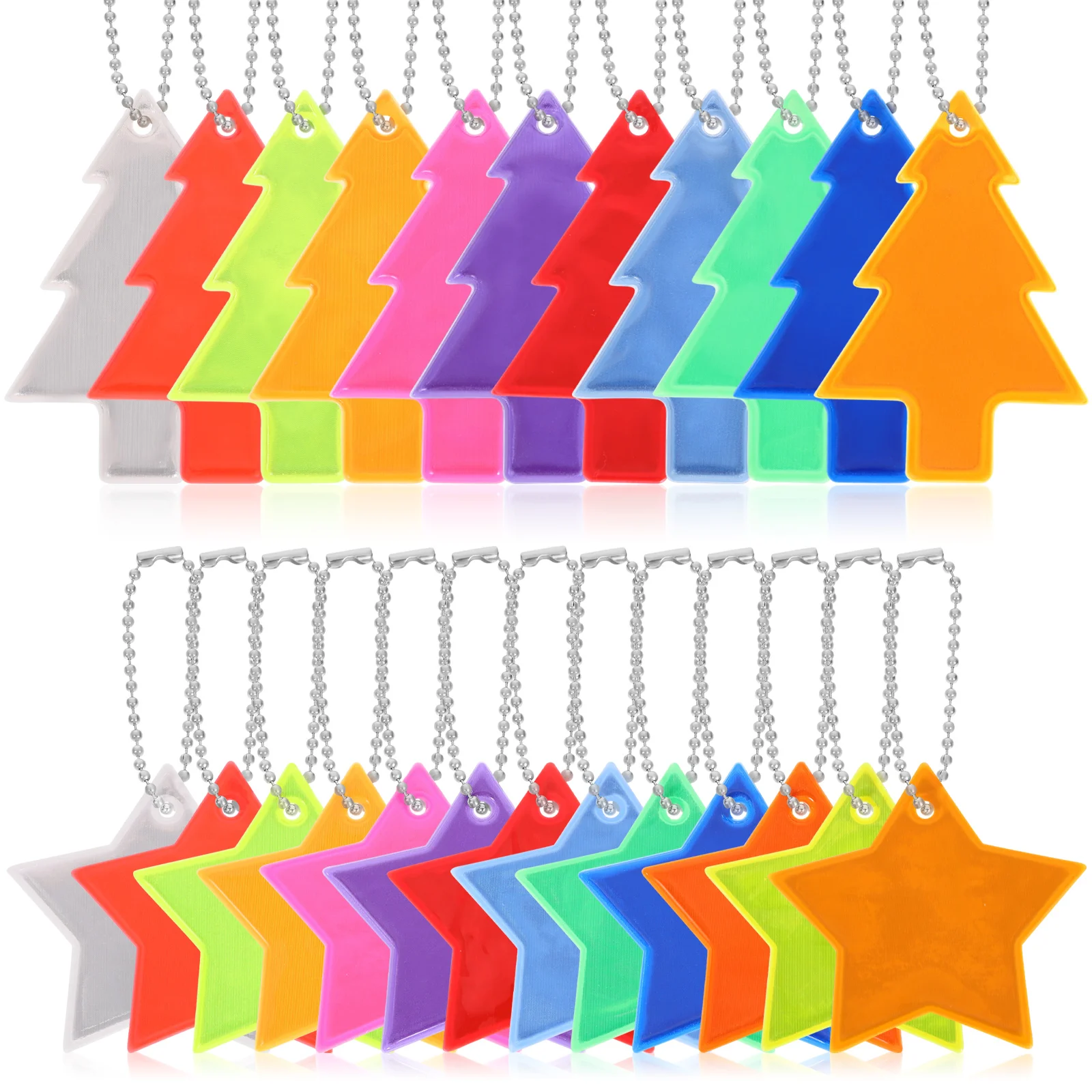 

24 Pcs Safety Reflective Pendants Stylish Star Tree Shaped Pendant Reflectors for Keys Bags Clothes Christmas Party Keychain