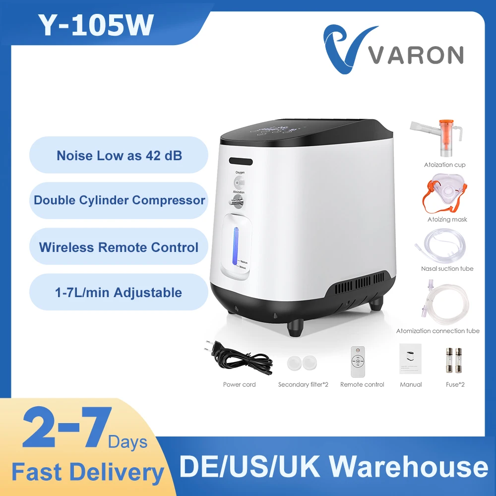 

VARON 1-7L/min Adjustable Oxygen Concentrator Portable Household Atomization Oxygen Generator Machine No Battery AC110V / AC220V