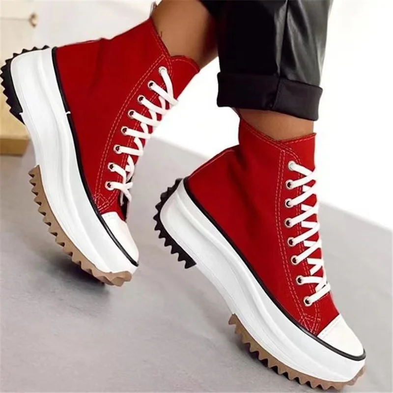 2023 New Thick Sole Mid Heel Women's Shoe Gear Train Mid Top Large Casual Canvas Shoes Breathable and Comfortable