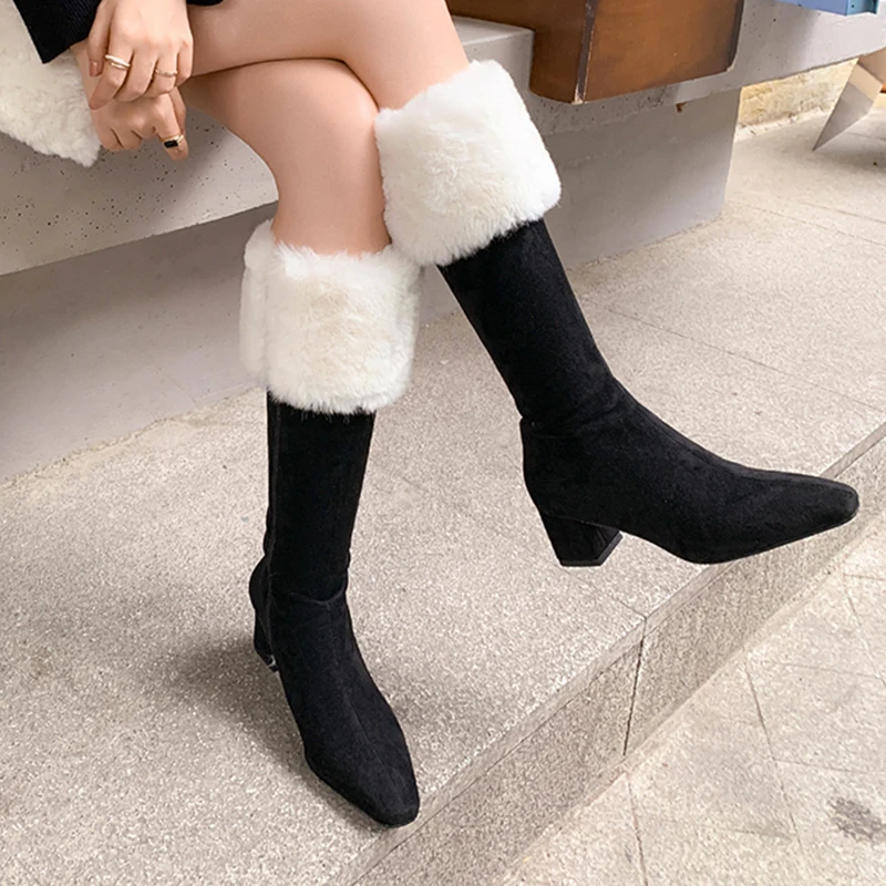 

Heihaian 2022 Winter Boot Girl Fashion Color Matching Warm Shoes Square Toe Fashion Boot Chunky Heel