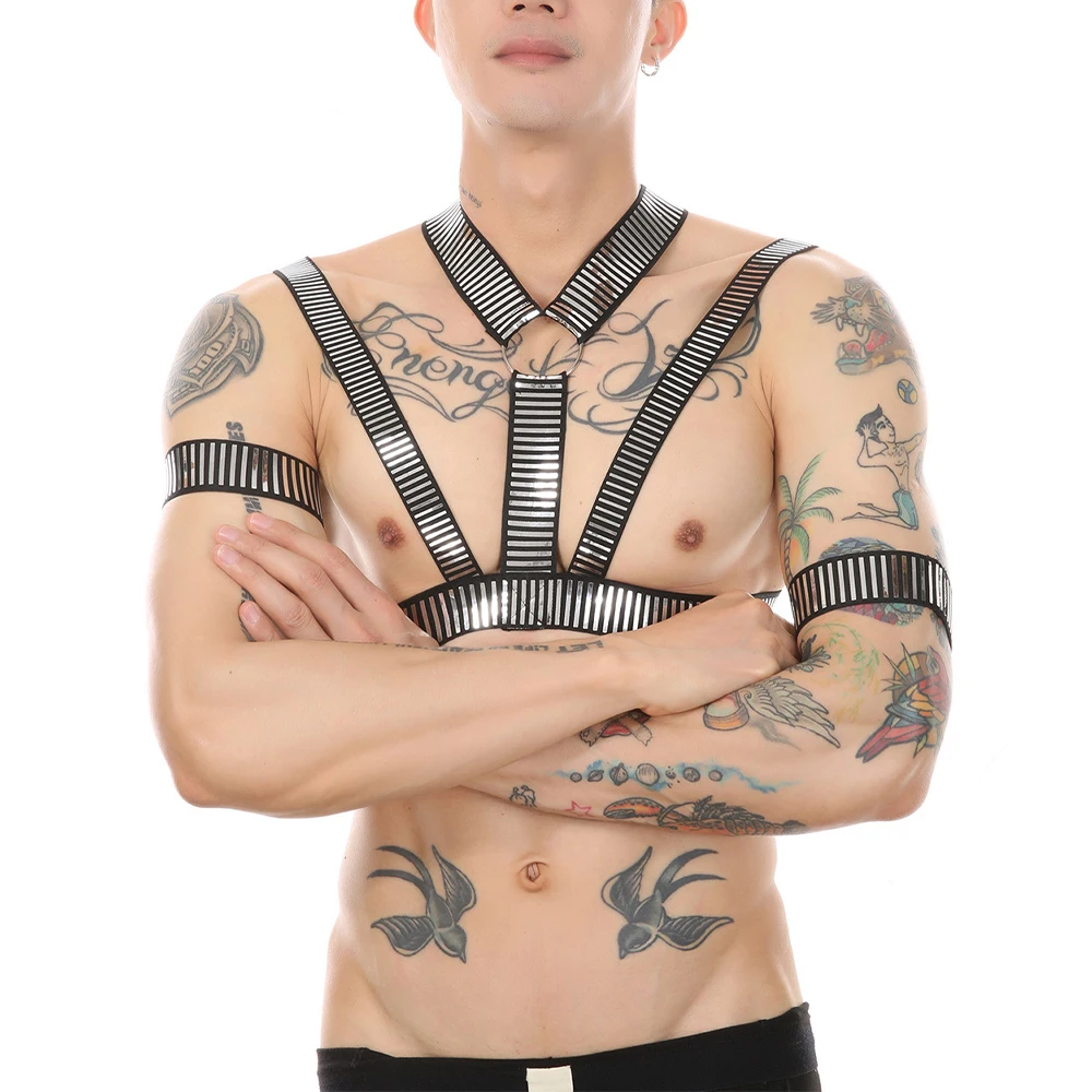

Men Elastic Body Chest Harness Sexy Bondage Lingerie With Armband Shoulder Straps Leg Ring Clubwear Stage Costume Gay Club Party