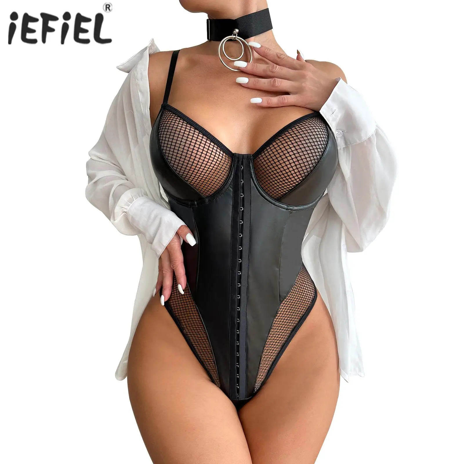 

Womens PU Leather Patchwork Bodysuits Sleeveless Bodysuit Sexy Clubwear Hollow Out Mesh Cutout Back Teddies Catsuit with Choker