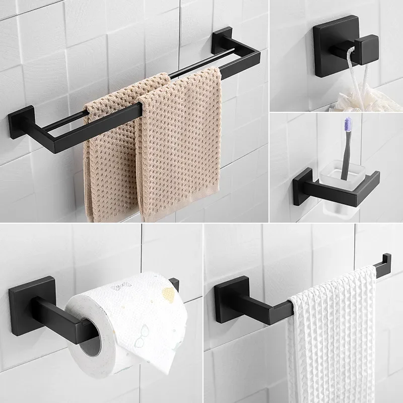 

NEW 2023 Quality 304 Stainless Steel Towel Bar Rack Wall Mounted Paper Holder Matte Black Toothbrush Holder Bathroom Accessories