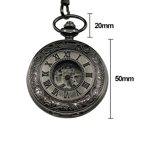 Карманные часы Vintage Unisex с римскими цифрами, вырезанными в резьбе по металлу, механические с красивым корпусом, подарок в виде кварцевого ожерелья.