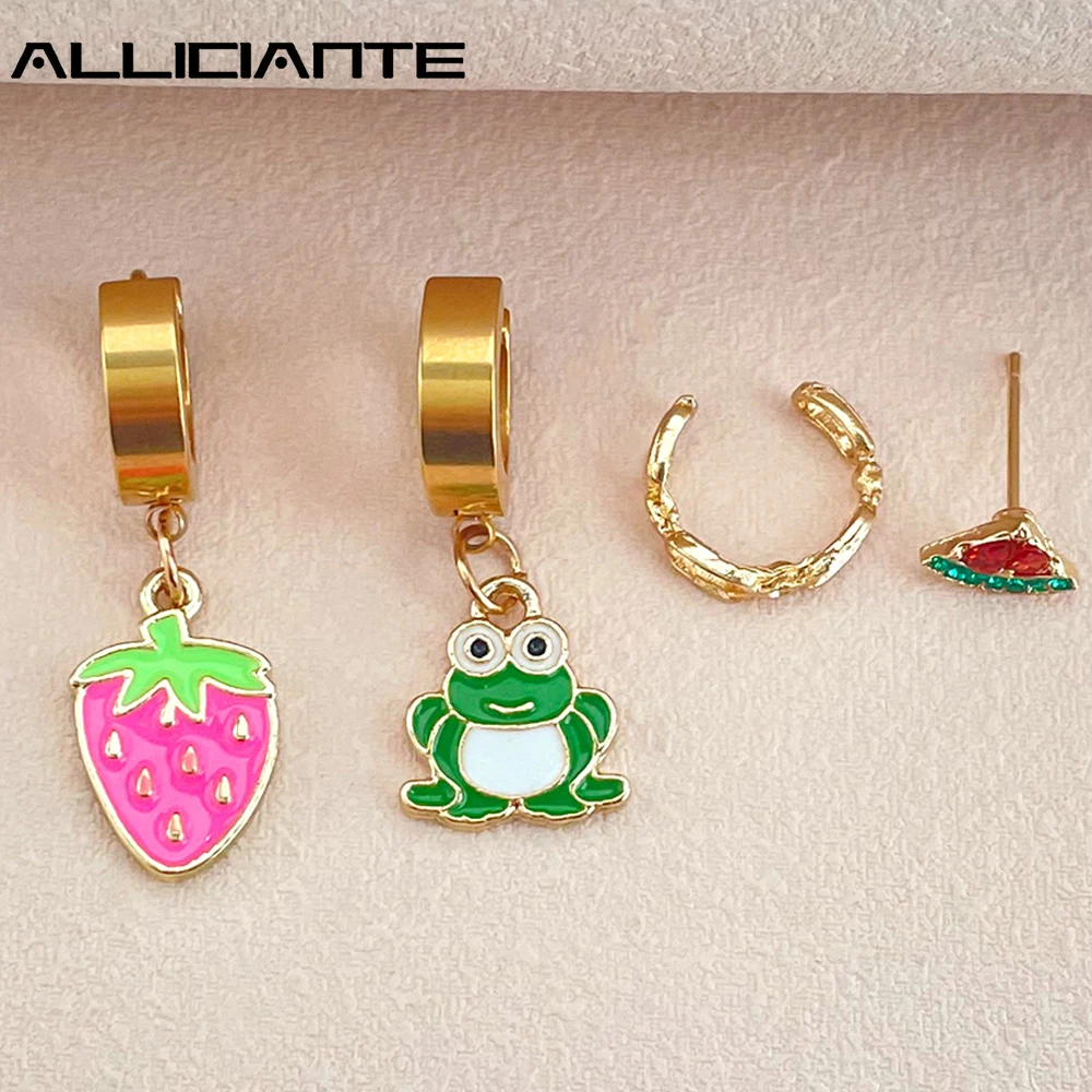 

Boho Cute Frog Strawberry Hoop Earrings Set For Women Y2K Candy Color Enamel Ear Ring Golden Circle Huggies Earring Jewelry Gift