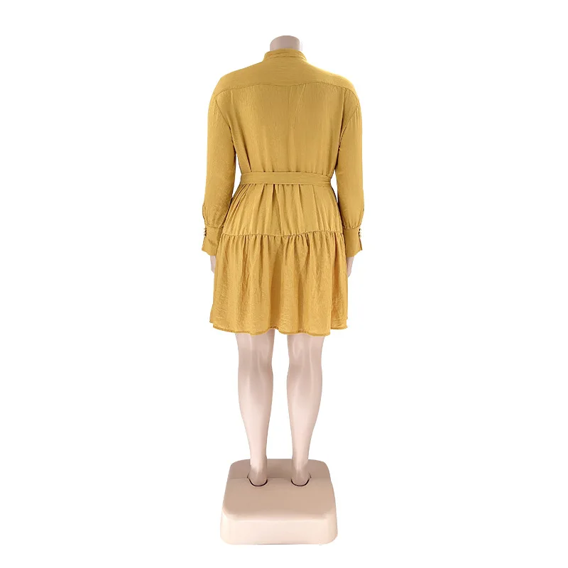 Plus Size Dress Solid O-Neck Blelt  Women's Shirt Long Sleeve Pleated Dress Office Lady for Vestidos Plus Size Women Clothing