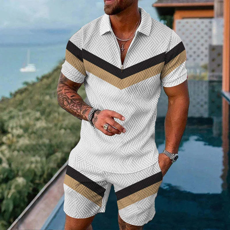New Men's Casual Summer Short-sleeved Polo Shirt And Shorts Suit Two-piece Men's Clothing 3D Geometric Print Men's Clothing