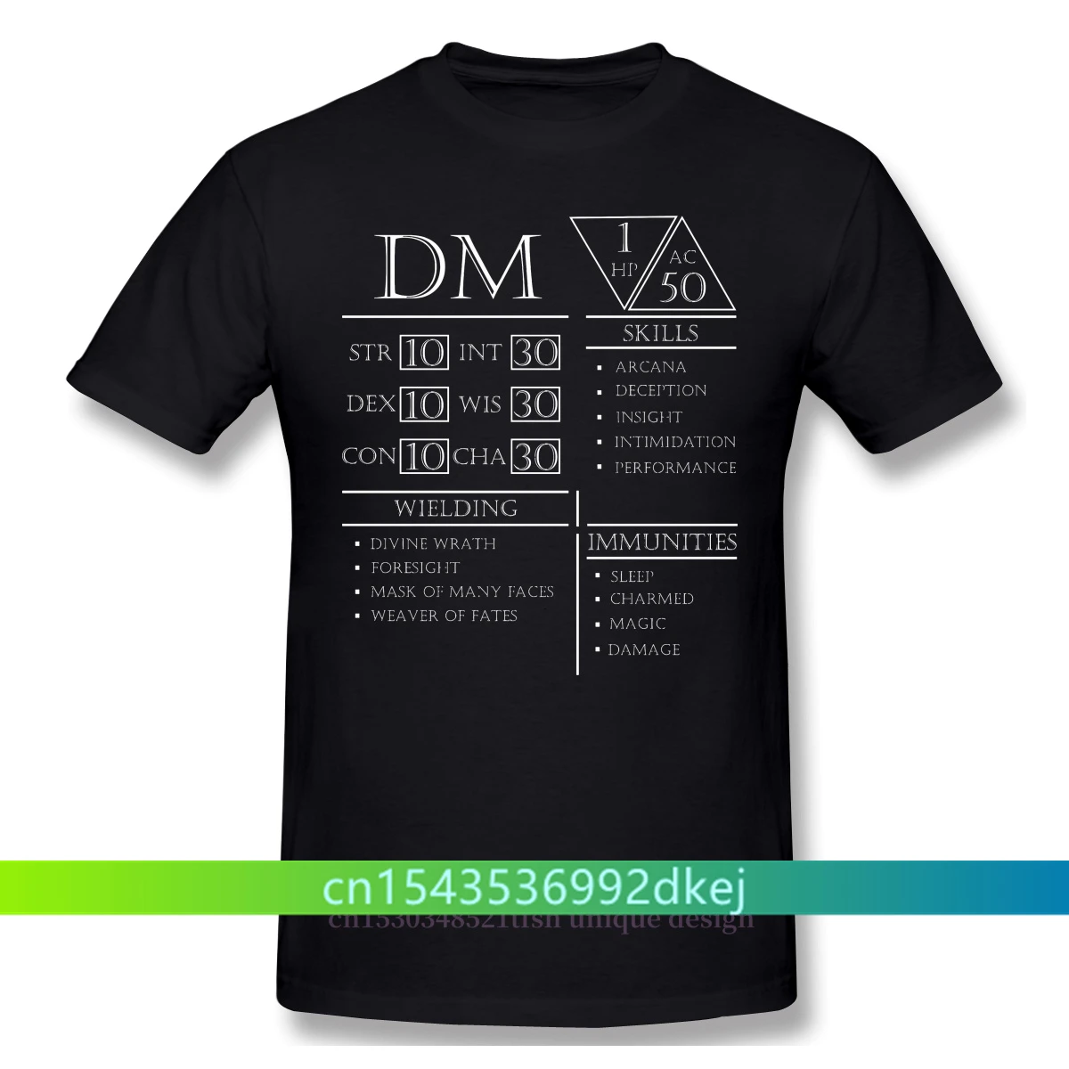 

Fashion DM Stats - Character Sheet Clothes Design Dungeon Master Adventure Games Cotton Camiseta Men T-Shirt