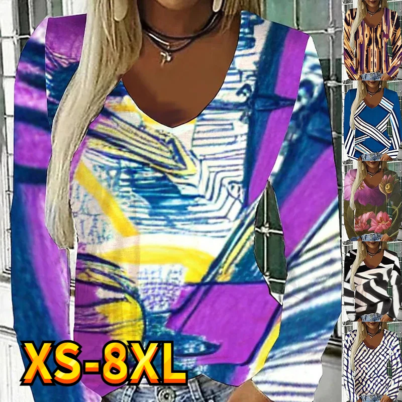 

Женская футболка в полоску, с цветочным принтом и V-образным вырезом