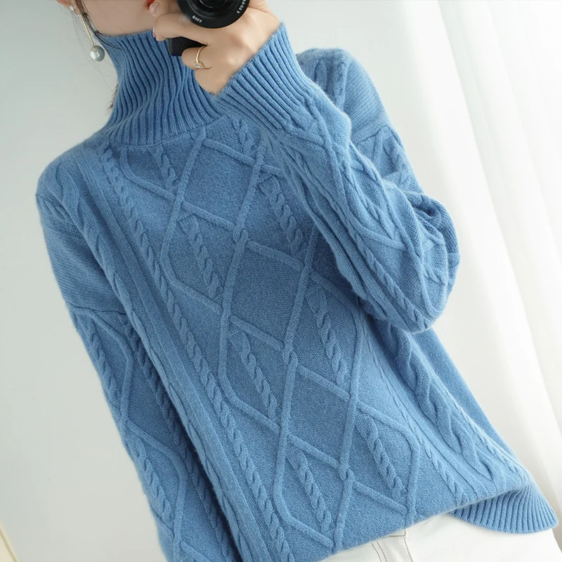 Autumn and winter new pure wool sweater women high neck pullover loose long-sleeved sweater thick cashmere drop-shoulder sweater