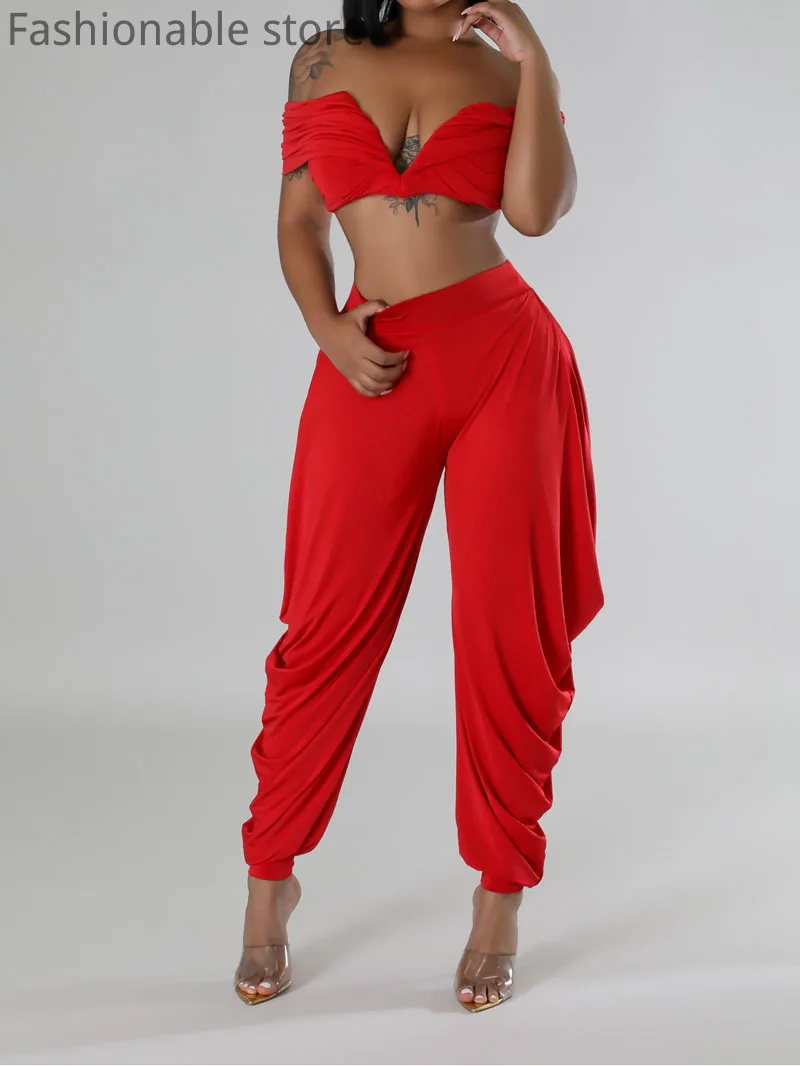 Женский пикантный однотонный топ с открытыми плечами и V-образным вырезом брюки