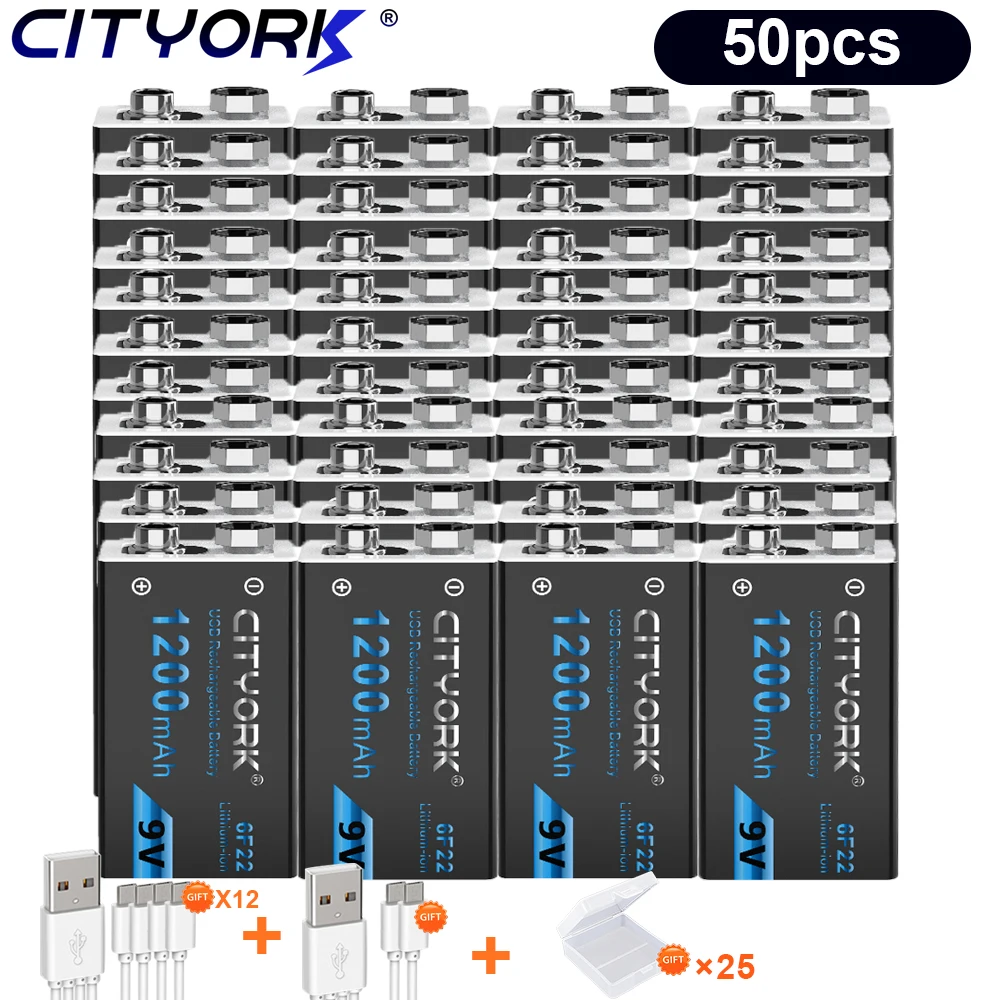 

CITYORK 50pcs 9V Battery 1200mAh 9V USB Batteries 6F22 9V Li-ion lithium Rechargeable Battery for scanner multimeter Microphone