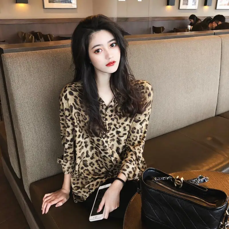 

Vintage Leopard Chiffon Shirt Women New Autumn Fashion Street Design Sense Loose All Matchlong Sleeve Basic Thin Chiffon Shirts