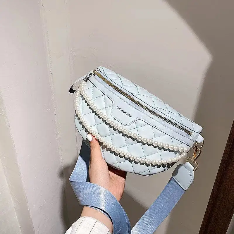 

Luxury Pearl Chain Chest Bag for Women Large Capacity Wide Shoulder Strap Crossbody Bag FashionTravel Pu Leather Waist Bags