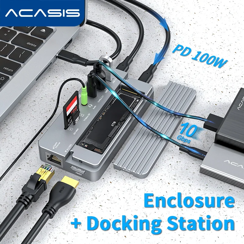 Acasis USB 3.1 Hub 10 port TypeC dok istasyonu RJ45 HDMI uyumlu TF/SD kart ile M.2 NVME/SATA SSD muhafaza tip-C ayırıcı