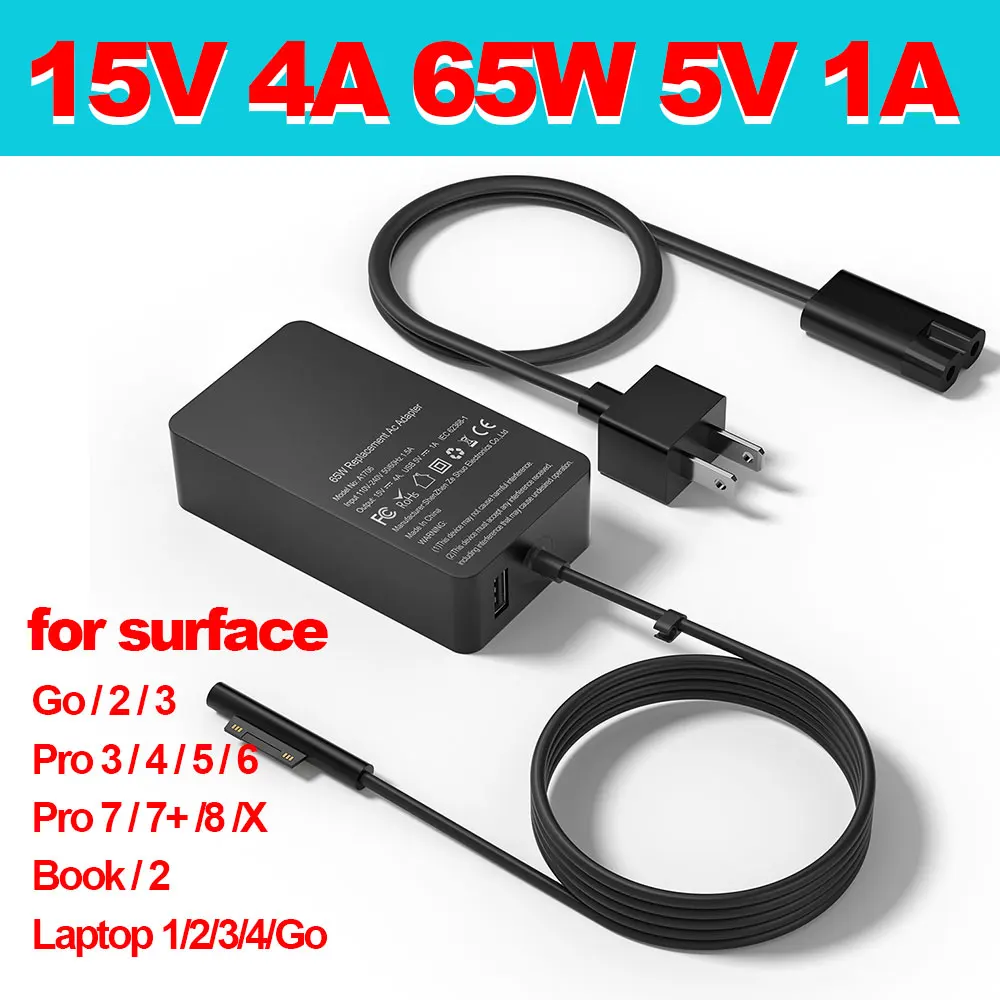 

2023 15V 4A 65W зарядное устройство для Microsoft Surface Book Pro 3 Pro4 Pro5 Pro6 Pro7 Tablet Adapter PC 1706 Power Charging с 5V 1A