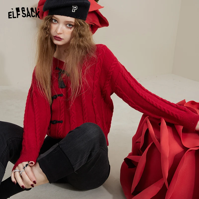 ELFSACK Chinese Style Red Sweater Cardigan Women 2022 Autumn/Winter Basic Daily Tops