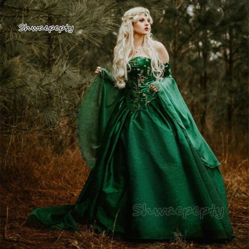 

Emerald Green Victorian Corset Prom Dresses With Flare Sleeves Strapless Long Ball Gown Special Occasion Wear For Women