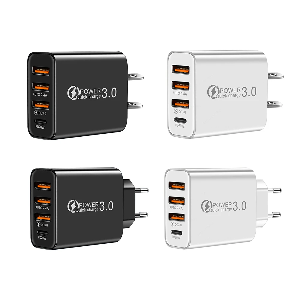 

Portable 3 USB Port+PD20W Type-C Phone Charger Smartphone Charging Adapter Head Home Outdoor Cellphone Power Supply Accessory
