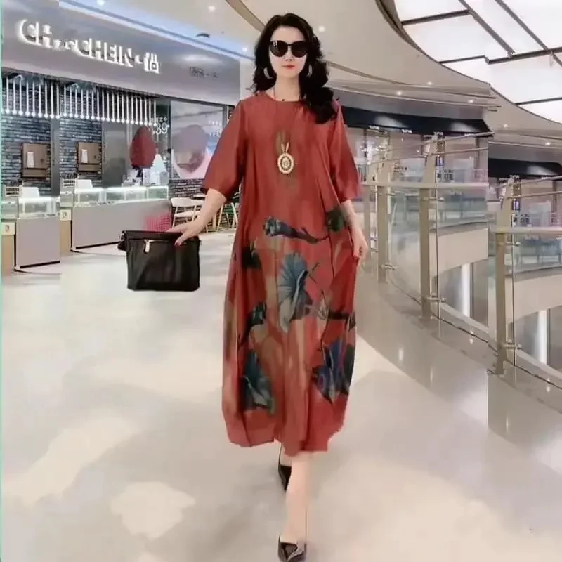 Платье женское длинное из шелка тутового шелкопряда с цветочным принтом