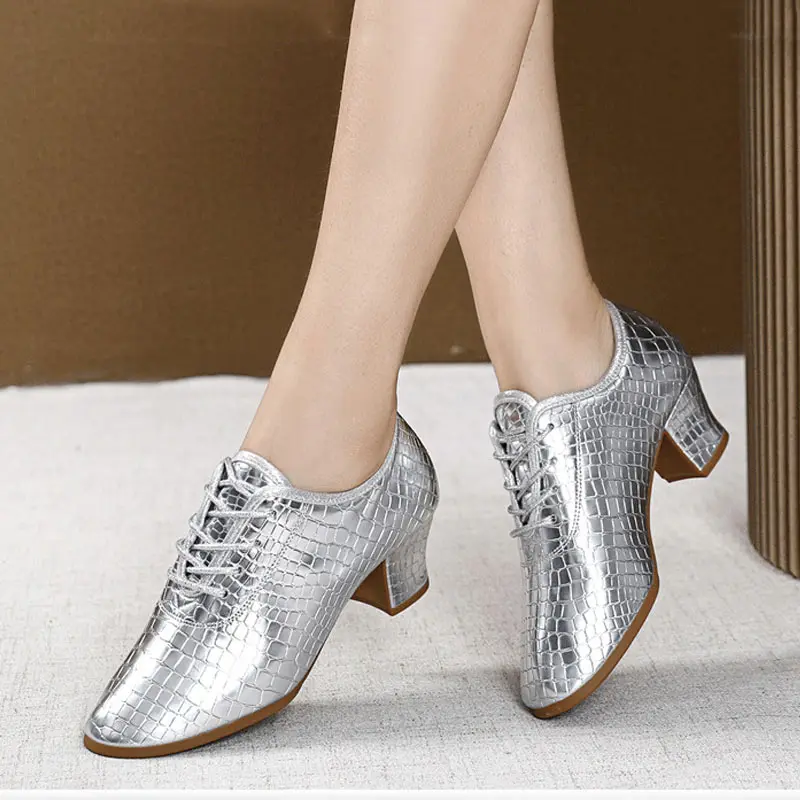 Women Ballroom Dance Shoes Latin Ladies Modern Jazz Dance Shoe Silver Black 5cm Heels PU Outdoors Girls Salsa Dancing Sneakers