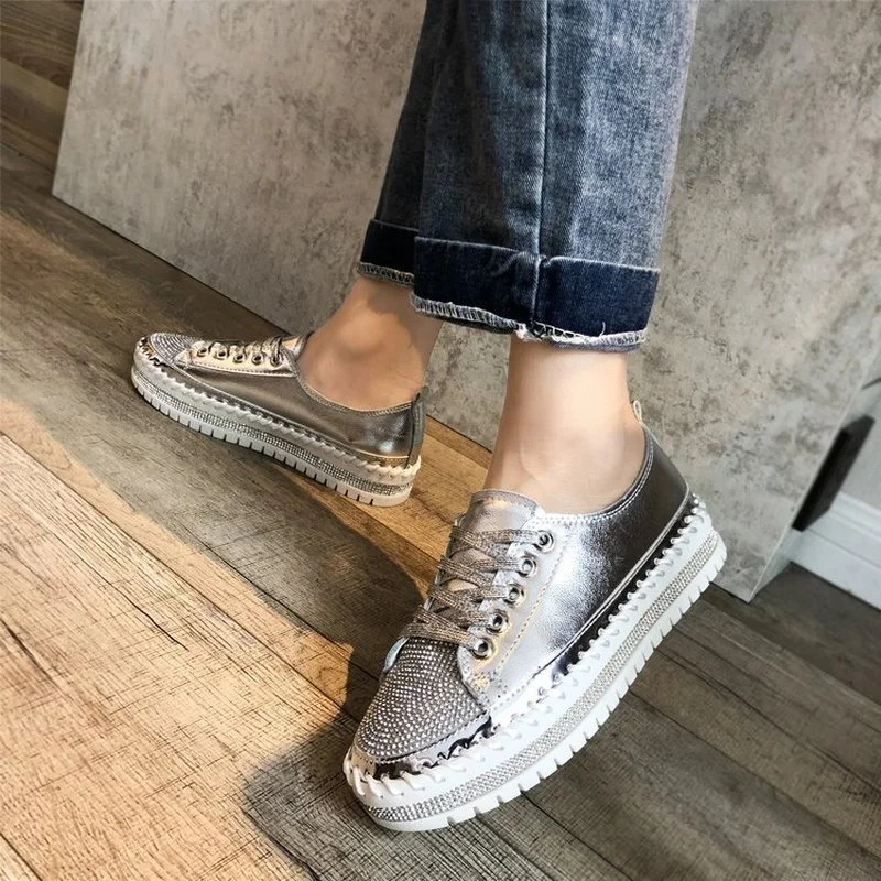 Comemore Spring Fashion Bling Lace Up Ladies Casual Comfortable Round Toe Platform Sneakers White Shoes Women Crystal Shoe 2023