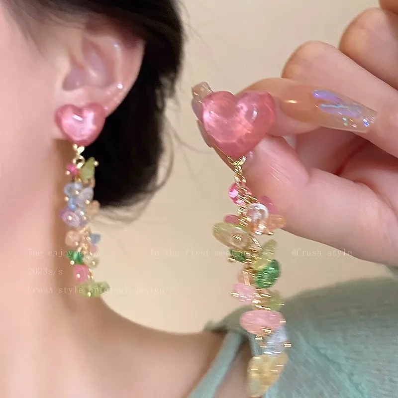 Color love gravel tassel earrings female spring summer sweet design sense niche temperament earrings show small earrings