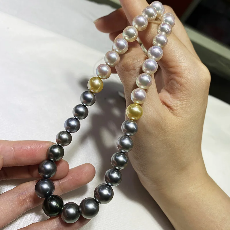 

Huge Charming 18"10-12mm Natural South Sea Genuine Black White Golden Round Pearl Necklace Free Shipping Women Pearl Necklace