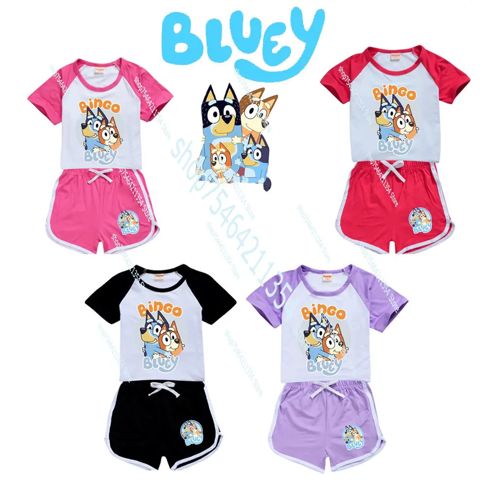 

Blueyes Girls Boys Clothes Set Bingo Summer Kids Tshirt Pants Casual Sport Suits Blue Dog Tracksuit Outfits Children's Clothes