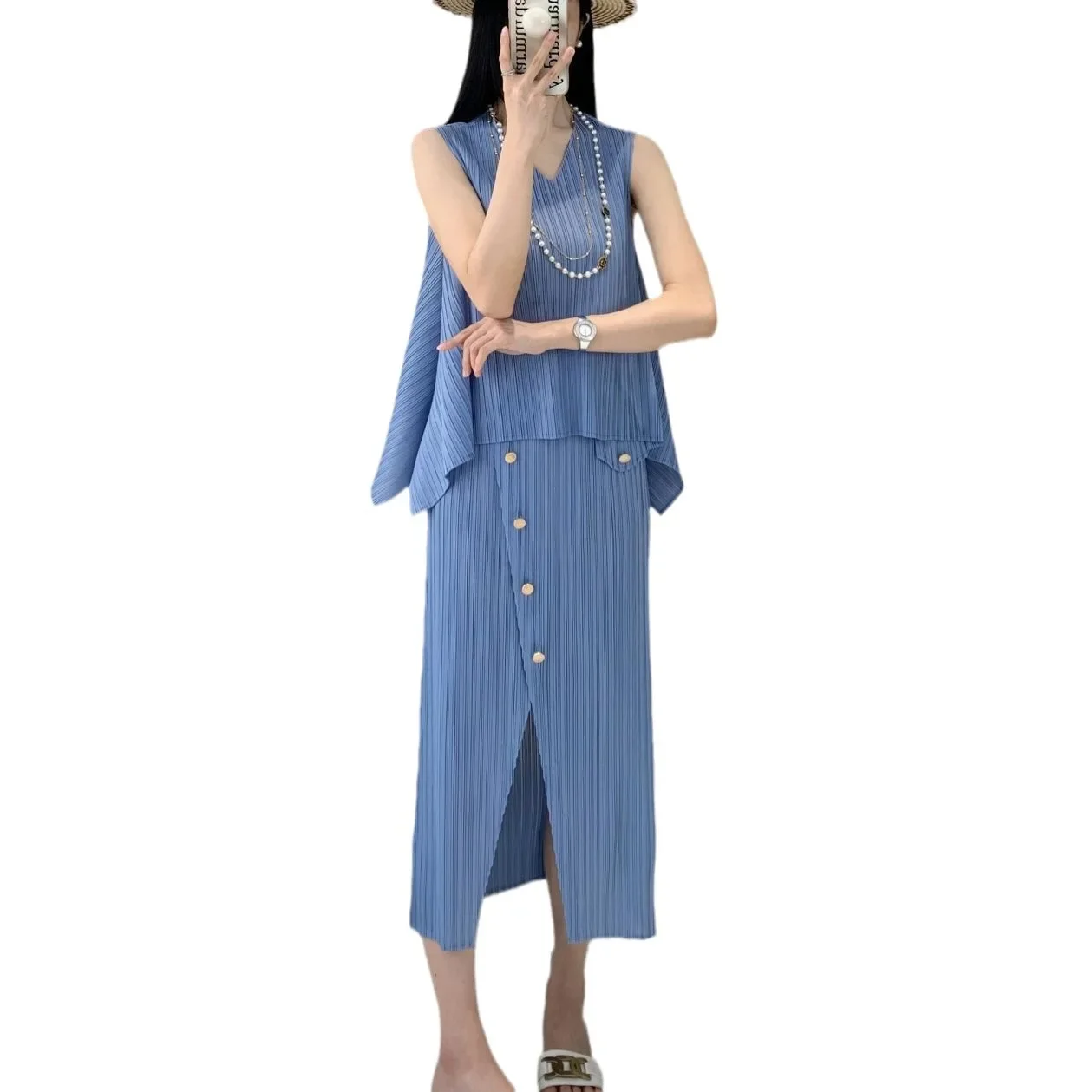 Женский плиссированный костюм с юбкой однотонный Свободный Топ без рукавов