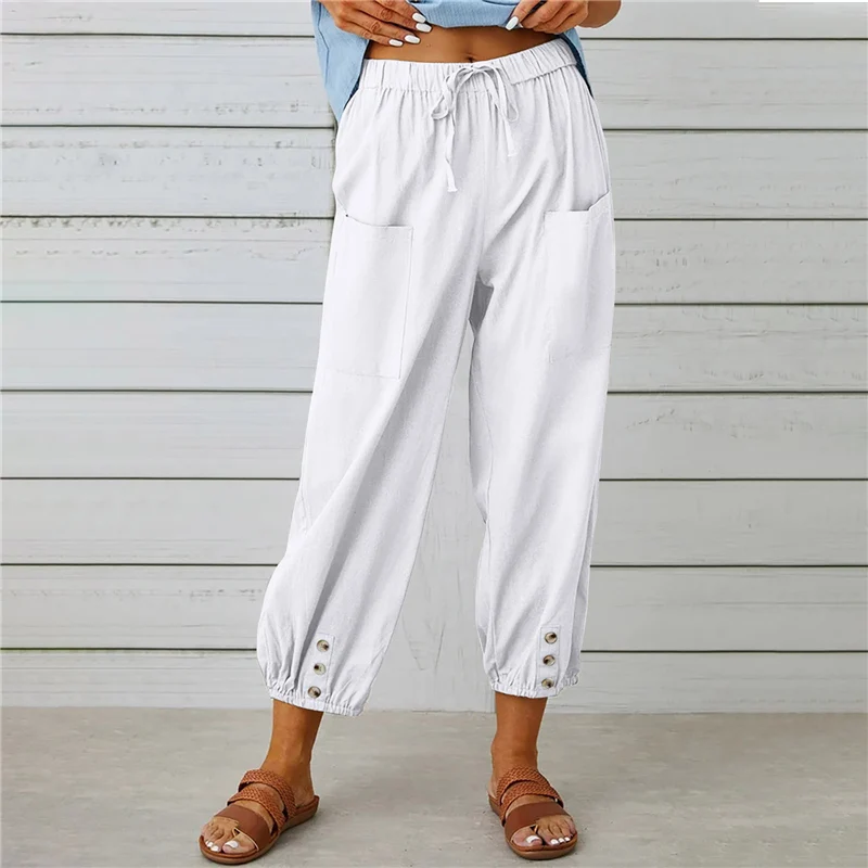 2023 Women Simple Casual Drawstring Pocket Cotton Linen Cropped Trousers Female Summer Comfortable Solid Loose Beach Harem Pants