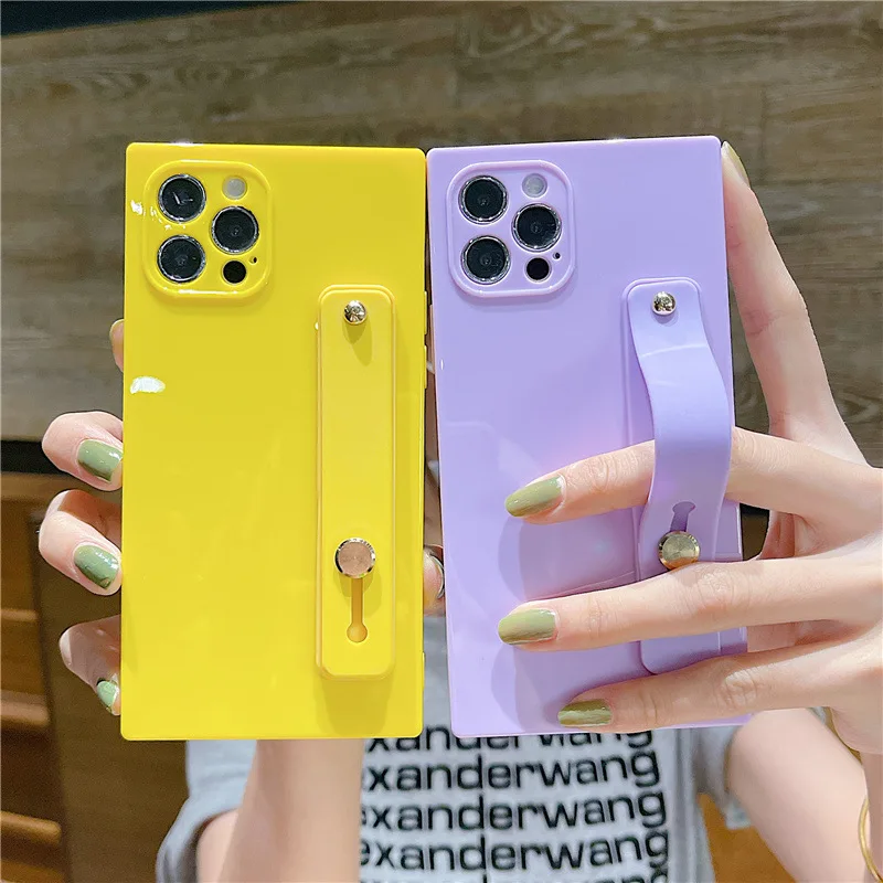 

Soft Wrist Strap Candy Phone Case For iPhone 12 11 13 Pro Max Mini X XR XS Max 7 8 Plus SE 2020 Square Bumper Back Cover