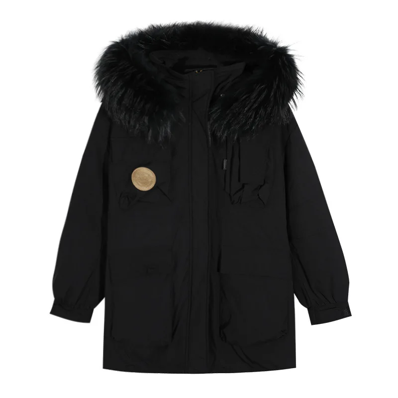 new over size thickened white duck down hooded fur collar tooling coat women's tide women jacket